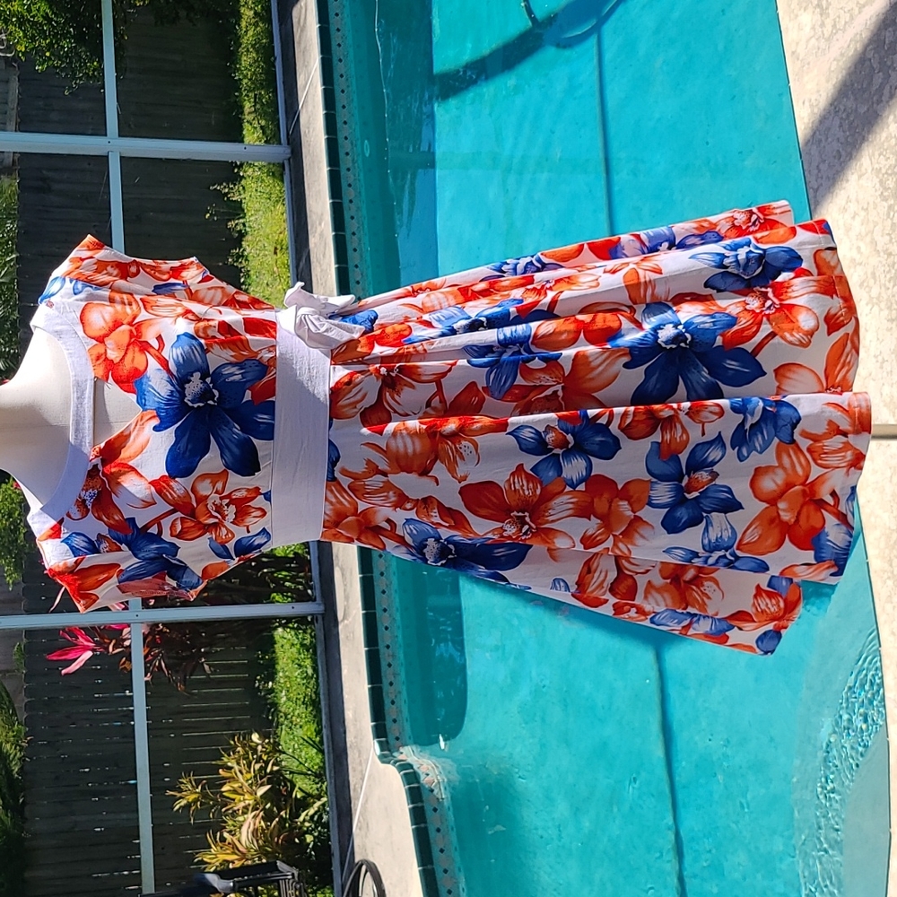 Lindy Bop size Large, White Swing Dress with Red and blue floral print